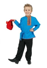 Русские народные костюмы - Льняная детская бирюзовая косоворотка