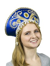 Женские костюмы - Синий кокошник Княжна с золотом